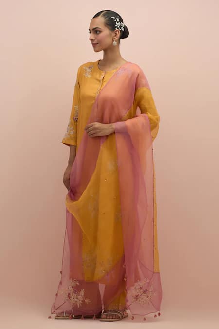 KORA Yellow Kurta And Pant Silk Embellished Bead Notched Floral Set 