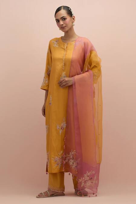 Shop Kora Yellow , Organza Beads, Embroidery Floral Embellished Kurta Pant Set Online at Aza Fashions Shop_Kora_Yellow , Organza Beads, Embroidery Floral Embellished Kurta Pant Set _Online_at_Aza_Fashions