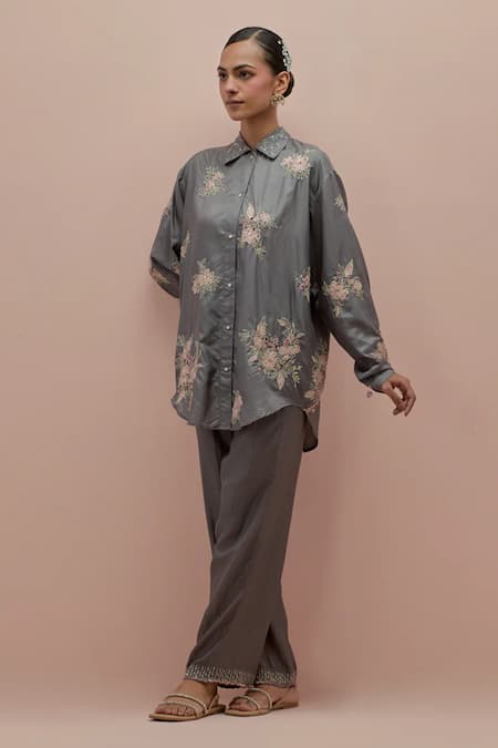 KORA Silk Floral Applique Shirt 