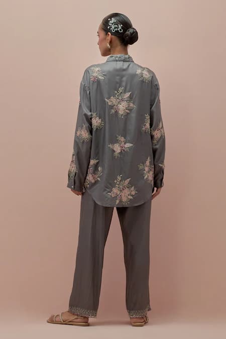 Shop_Kora_Grey Silk Embellished Bead Shirt Collar Floral Applique _at_Aza_Fashions