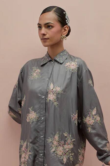 Kora_Grey Silk Embellished Bead Shirt Collar Floral Applique _Online_at_Aza_Fashions
