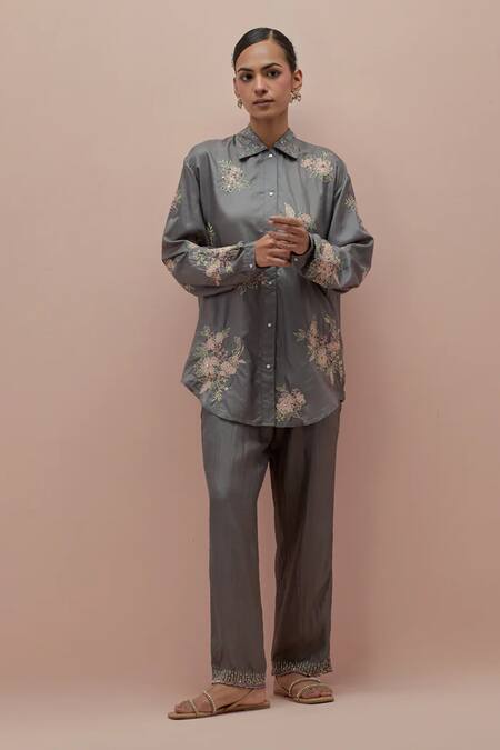 Buy_Kora_Grey Silk Embellished Bead Shirt Collar Floral Applique _Online_at_Aza_Fashions