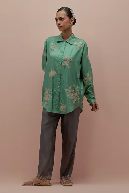 KORA Silk Applique Embellished Shirt 