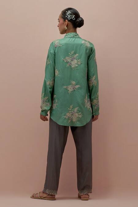 Shop_Kora_Green Silk Embellished Bead Shirt Collar Applique _at_Aza_Fashions