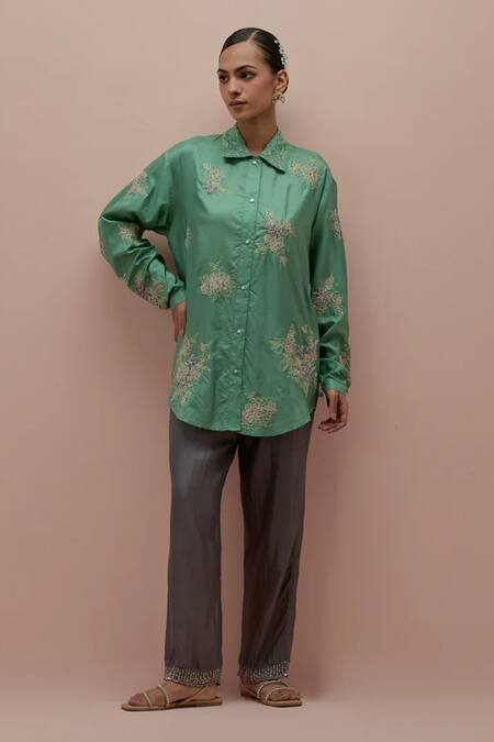 Kora_Green Silk Embellished Bead Shirt Collar Applique _Online_at_Aza_Fashions