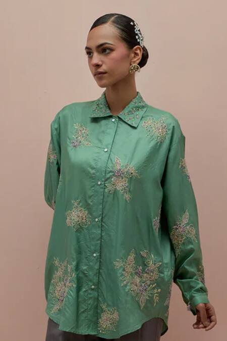 Buy_Kora_Green Silk Embellished Bead Shirt Collar Applique _Online_at_Aza_Fashions