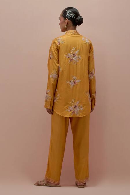 Shop_Kora_Yellow Silk Embellished Bead Shirt Collar Applique _at_Aza_Fashions