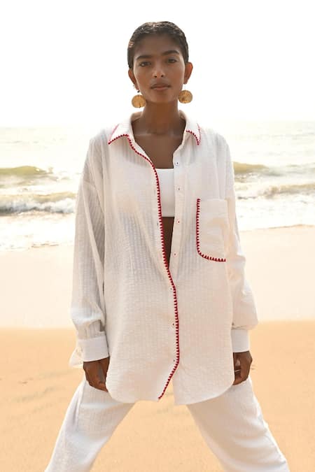 Shop Shop Nirvanaa White Cotton Embroidery Collared Aster Thread Shirt at Aza Fashions Shop_Shop Nirvanaa_White Cotton Embroidery Collared Aster Thread Shirt _at_Aza_Fashions