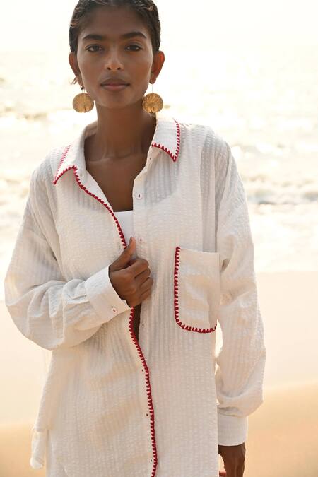 Buy Shop Nirvanaa White Cotton Embroidery Collared Aster Thread Shirt Online at Aza Fashions Buy_Shop Nirvanaa_White Cotton Embroidery Collared Aster Thread Shirt _Online_at_Aza_Fashions