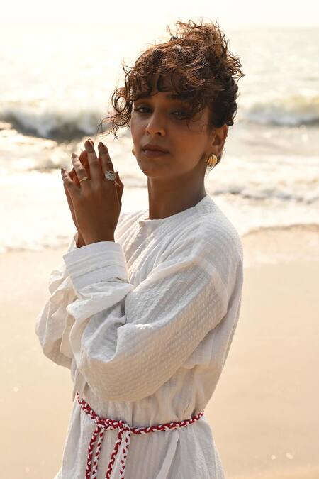 Shop Nirvanaa White Cotton Bows Round Neck Ivy Mini Dress Online at Aza Fashions Shop Nirvanaa_White Cotton Bows Round Neck Ivy Mini Dress _Online_at_Aza_Fashions