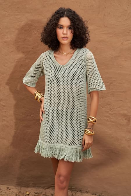 Shop Nirvanaa Green Cotton Fringe Round Neck Amaya Knit Dress 