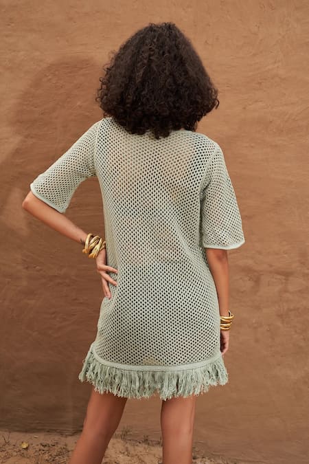 Shop Shop Nirvanaa Green Cotton Fringe Round Neck Amaya Knit Dress at Aza Fashions Shop_Shop Nirvanaa_Green Cotton Fringe Round Neck Amaya Knit Dress _at_Aza_Fashions