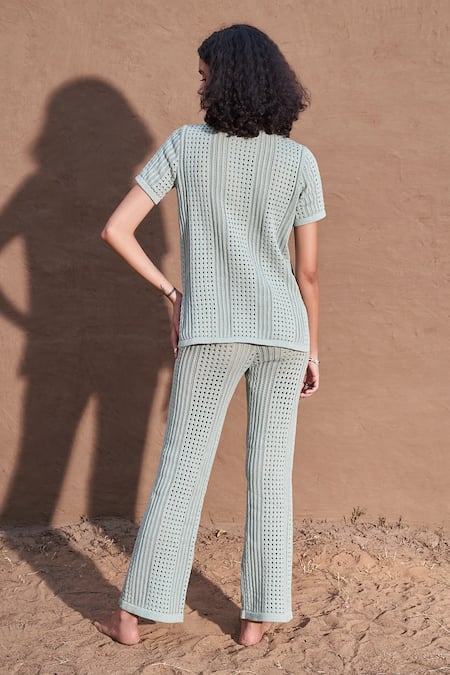 Shop Shop Nirvanaa Green Cotton Collared Isabella Knitted Shirt With Pant at Aza Fashions Shop_Shop Nirvanaa_Green Cotton Collared Isabella Knitted Shirt With Pant _at_Aza_Fashions