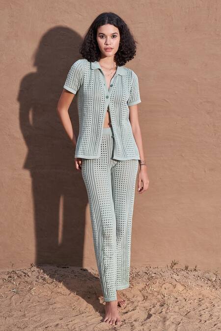 Shop Nirvanaa Green Cotton Collared Isabella Knitted Shirt With Pant Online at Aza Fashions Shop Nirvanaa_Green Cotton Collared Isabella Knitted Shirt With Pant _Online_at_Aza_Fashions