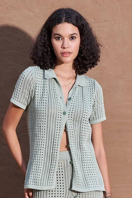Buy Shop Nirvanaa Green Cotton Collared Isabella Knitted Shirt With Pant Online at Aza Fashions Buy_Shop Nirvanaa_Green Cotton Collared Isabella Knitted Shirt With Pant _Online_at_Aza_Fashions