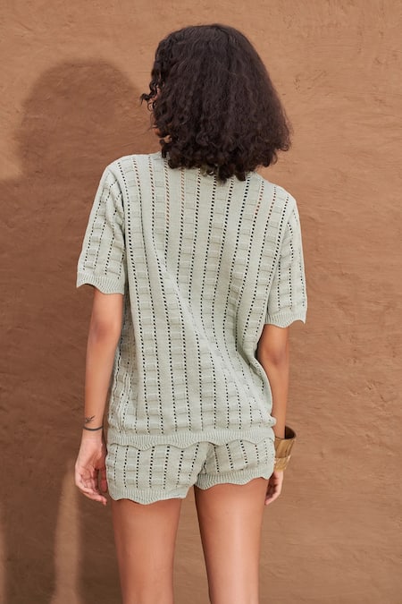 Shop Shop Nirvanaa Green Cotton V-neck Allegro Knit Top With Shorts at Aza Fashions Shop_Shop Nirvanaa_Green Cotton V-neck Allegro Knit Top With Shorts _at_Aza_Fashions