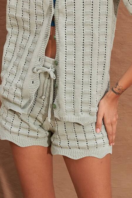 Shop Nirvanaa Green Cotton V-neck Allegro Knit Top With Shorts Online at Aza Fashions Shop Nirvanaa_Green Cotton V-neck Allegro Knit Top With Shorts _Online_at_Aza_Fashions