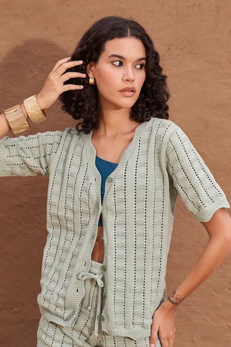 Buy Shop Nirvanaa Green Cotton V-neck Allegro Knit Top With Shorts Online at Aza Fashions Buy_Shop Nirvanaa_Green Cotton V-neck Allegro Knit Top With Shorts _Online_at_Aza_Fashions