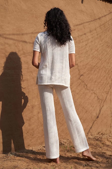 Shop Shop Nirvanaa White Cotton Collared Isabella Knit Shirt With Pant at Aza Fashions Shop_Shop Nirvanaa_White Cotton Collared Isabella Knit Shirt With Pant _at_Aza_Fashions