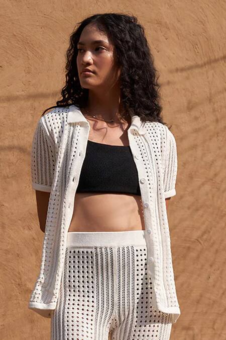 Shop Shop Nirvanaa White Cotton Collared Isabella Knit Shirt With Pant Online at Aza Fashions Shop_Shop Nirvanaa_White Cotton Collared Isabella Knit Shirt With Pant _Online_at_Aza_Fashions