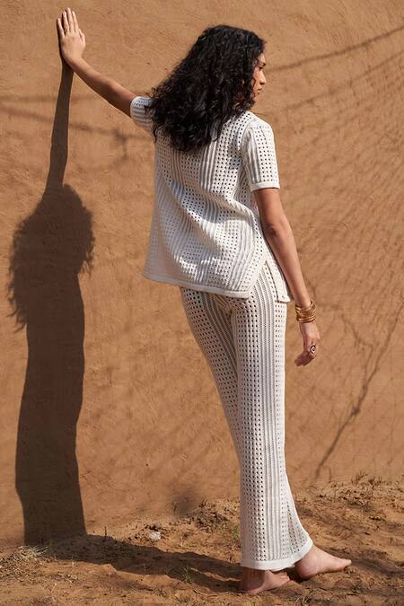 Shop Nirvanaa White Cotton Collared Isabella Knit Shirt With Pant at Aza Fashions Shop Nirvanaa_White Cotton Collared Isabella Knit Shirt With Pant _at_Aza_Fashions