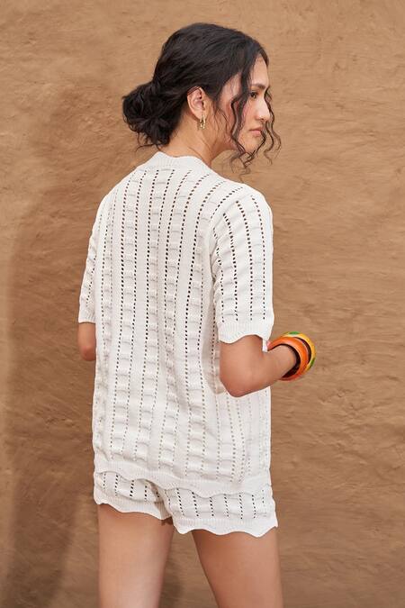 Shop Nirvanaa_White Cotton V-neck Allegro Knitted Top With Shorts _Online_at_Aza_Fashions