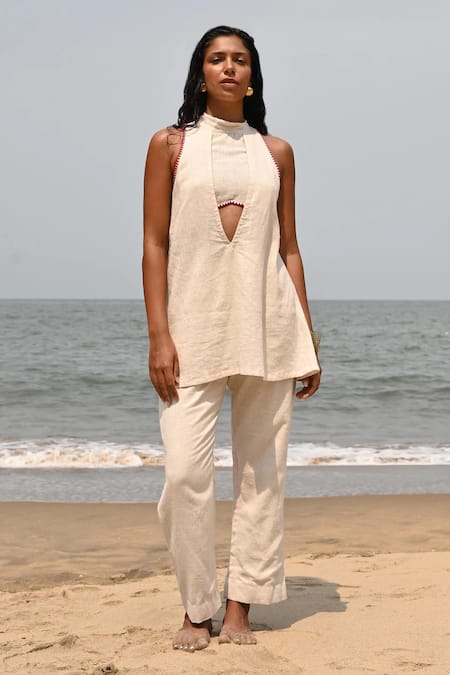 Shop Nirvanaa Beige 100% Linen Embroidery Thread Halter Ava Backless Top 