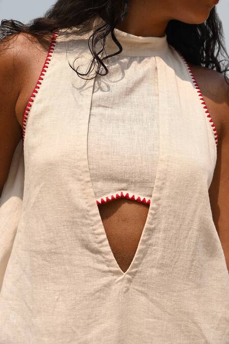 Shop Nirvanaa Beige Linen Embroidery Halter Neck Ava Backless Top Online at Aza Fashions Shop Nirvanaa_Beige Linen Embroidery Halter Neck Ava Backless Top _Online_at_Aza_Fashions