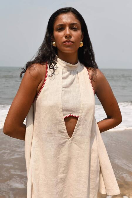 Buy Shop Nirvanaa Beige Linen Embroidery Halter Neck Ava Backless Top Online at Aza Fashions Buy_Shop Nirvanaa_Beige Linen Embroidery Halter Neck Ava Backless Top _Online_at_Aza_Fashions