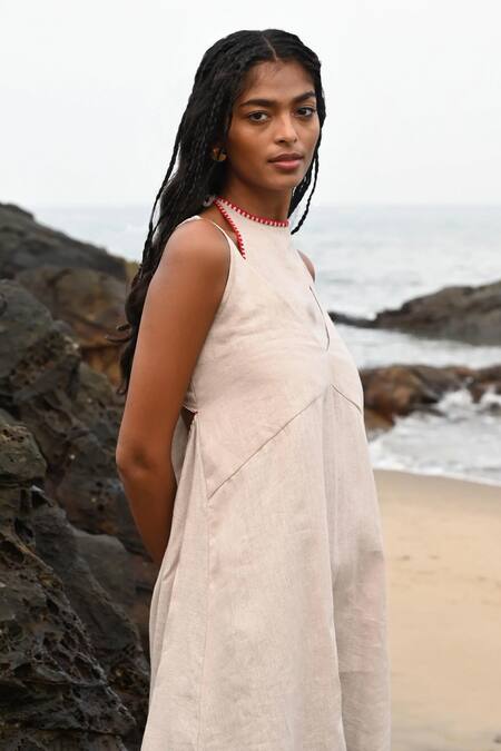 Shop Nirvanaa Beige Linen Embroidery Round Neck Zoe Tie-up Dress Online at Aza Fashions Shop Nirvanaa_Beige Linen Embroidery Round Neck Zoe Tie-up Dress _Online_at_Aza_Fashions
