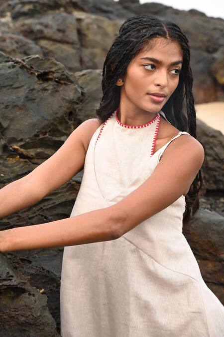 Buy Shop Nirvanaa Beige Linen Embroidery Round Neck Zoe Tie-up Dress Online at Aza Fashions Buy_Shop Nirvanaa_Beige Linen Embroidery Round Neck Zoe Tie-up Dress _Online_at_Aza_Fashions