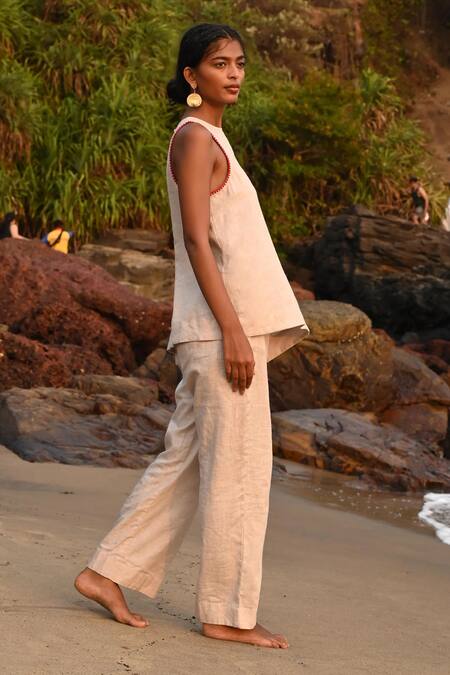 Shop Nirvanaa Beige Linen Eri Flared Pant Online at Aza Fashions Shop Nirvanaa_Beige Linen Eri Flared Pant _Online_at_Aza_Fashions