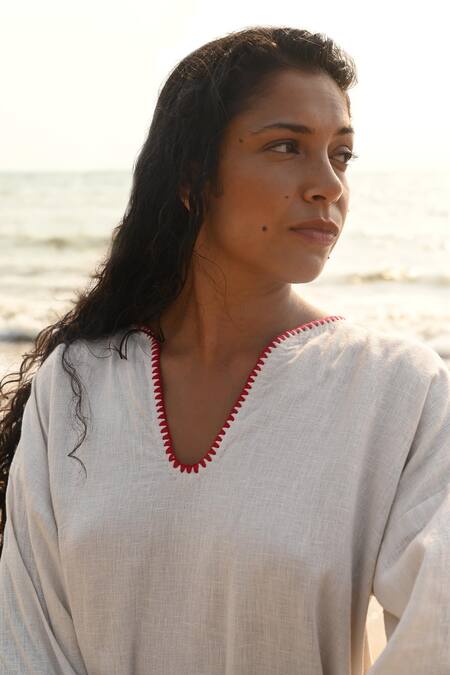 Shop_Shop Nirvanaa_Beige 100% Linen Embroidery Thread Rounded-v Arlo Long Sleeve Top _at_Aza_Fashions