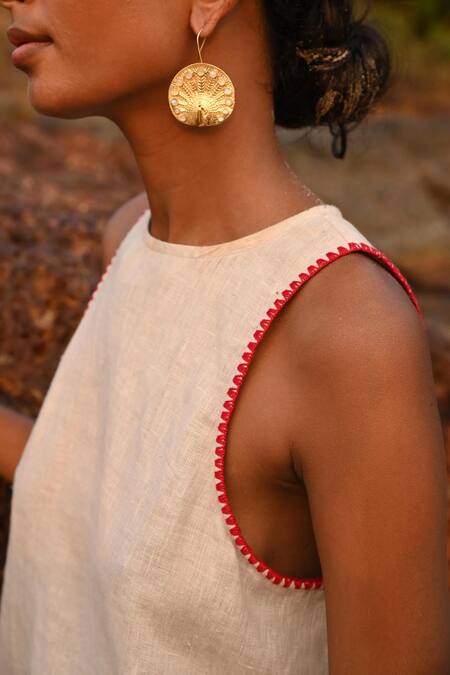 Shop Nirvanaa Beige Linen Embroidery Round Neck Lauren Asymmetrical Top Online at Aza Fashions Shop Nirvanaa_Beige Linen Embroidery Round Neck Lauren Asymmetrical Top _Online_at_Aza_Fashions