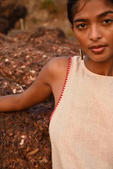 Buy Shop Nirvanaa Beige Linen Embroidery Round Neck Lauren Asymmetrical Top Online at Aza Fashions Buy_Shop Nirvanaa_Beige Linen Embroidery Round Neck Lauren Asymmetrical Top _Online_at_Aza_Fashions