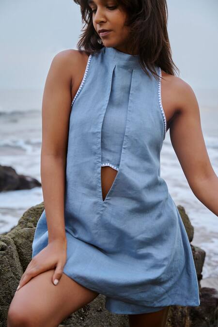 Shop Nirvanaa Blue Linen Embroidery Halter Neck Ava Top Online at Aza Fashions Shop Nirvanaa_Blue Linen Embroidery Halter Neck Ava Top _Online_at_Aza_Fashions