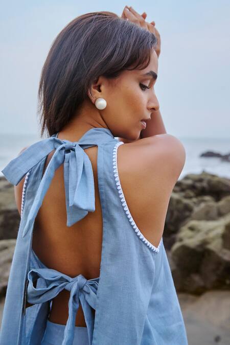 Buy Shop Nirvanaa Blue Linen Embroidery Halter Neck Ava Top Online at Aza Fashions Buy_Shop Nirvanaa_Blue Linen Embroidery Halter Neck Ava Top _Online_at_Aza_Fashions