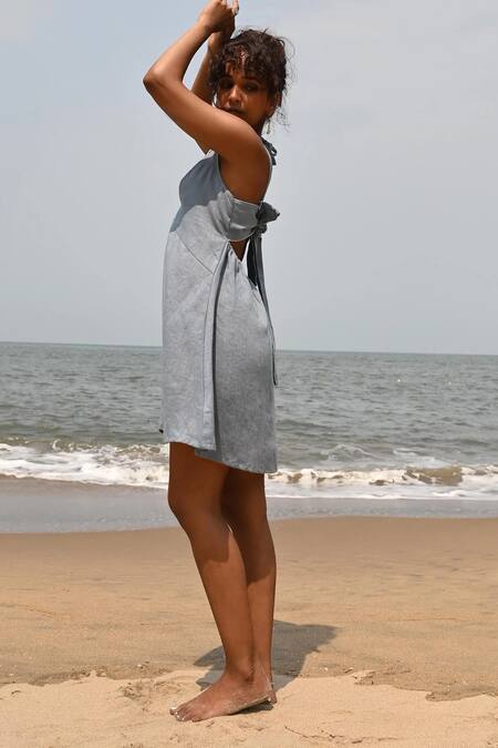 Shop Nirvanaa Blue Linen Embroidery Round Neck Zoe Tie-up Mini Dress Online at Aza Fashions Shop Nirvanaa_Blue Linen Embroidery Round Neck Zoe Tie-up Mini Dress _Online_at_Aza_Fashions