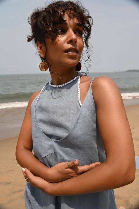 Buy Shop Nirvanaa Blue Linen Embroidery Round Neck Zoe Tie-up Mini Dress Online at Aza Fashions Buy_Shop Nirvanaa_Blue Linen Embroidery Round Neck Zoe Tie-up Mini Dress _Online_at_Aza_Fashions