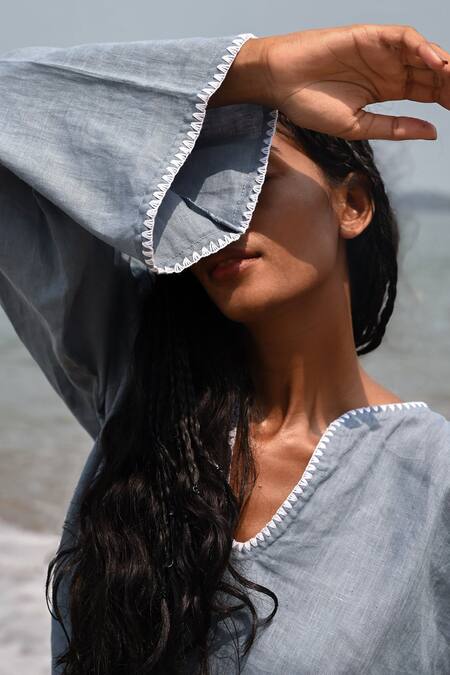 Buy_Shop Nirvanaa_Blue Linen Embroidery Round Neck Arlo Flared Sleeve Top _Online_at_Aza_Fashions