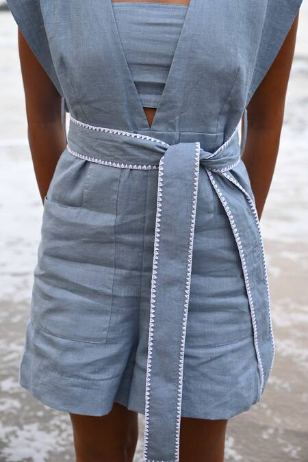 Buy Shop Nirvanaa Blue Linen Embroidery Asymmetric Kai Playsuit Online at Aza Fashions Buy_Shop Nirvanaa_Blue Linen Embroidery Asymmetric Kai Playsuit _Online_at_Aza_Fashions