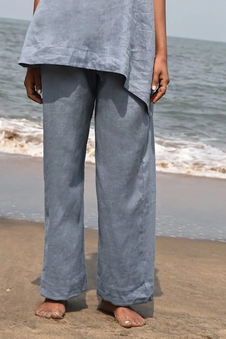 Shop_Shop Nirvanaa_Blue 100% Linen Plain Leah Darted Pant _at_Aza_Fashions