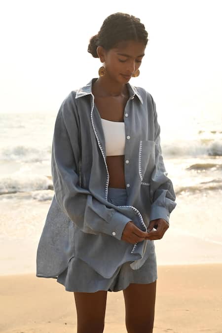 Shop Shop Nirvanaa Blue Linen Embroidery Collared Irena Shirt at Aza Fashions Shop_Shop Nirvanaa_Blue Linen Embroidery Collared Irena Shirt _at_Aza_Fashions