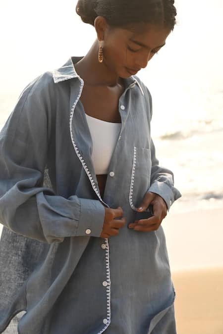 Shop Nirvanaa Blue Linen Embroidery Collared Irena Shirt Online at Aza Fashions Shop Nirvanaa_Blue Linen Embroidery Collared Irena Shirt _Online_at_Aza_Fashions