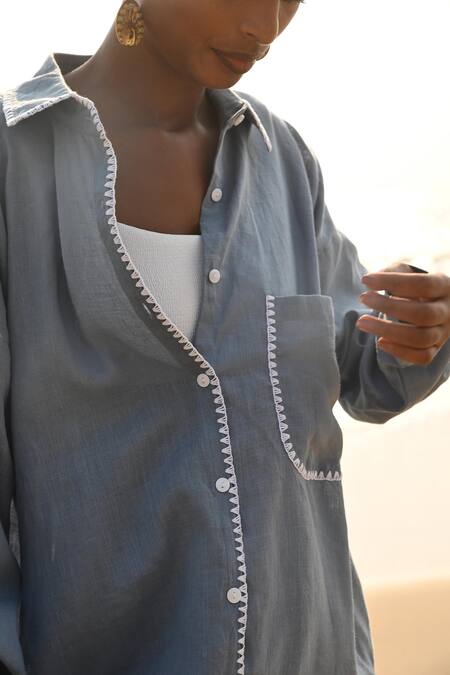 Buy Shop Nirvanaa Blue Linen Embroidery Collared Irena Shirt Online at Aza Fashions Buy_Shop Nirvanaa_Blue Linen Embroidery Collared Irena Shirt _Online_at_Aza_Fashions
