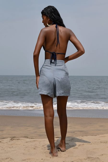 Shop_Shop Nirvanaa_Blue Linen Willow Darted Shorts _at_Aza_Fashions