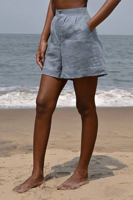 Shop Nirvanaa_Blue Linen Willow Darted Shorts _Online_at_Aza_Fashions