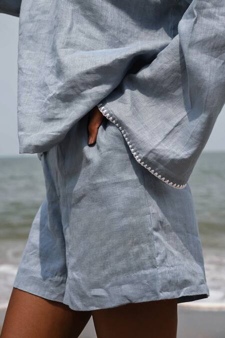 Buy_Shop Nirvanaa_Blue Linen Willow Darted Shorts _Online_at_Aza_Fashions