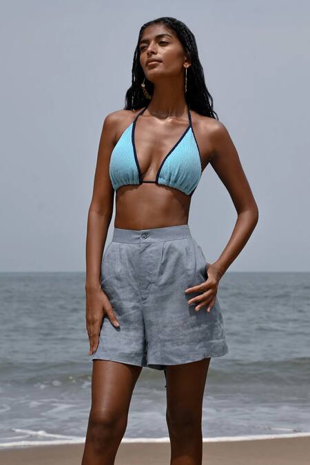 Shop_Shop Nirvanaa_Blue Linen Willow Darted Shorts _Online_at_Aza_Fashions