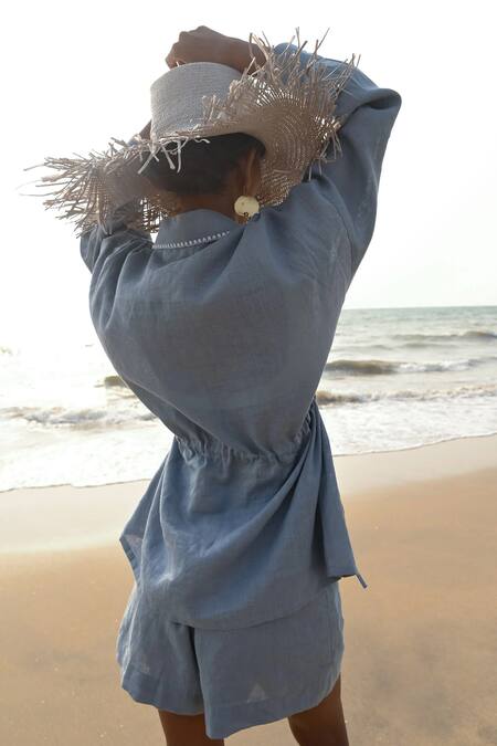 Shop Shop Nirvanaa Blue Linen Embroidery Collared Jade String Shirt at Aza Fashions Shop_Shop Nirvanaa_Blue Linen Embroidery Collared Jade String Shirt _at_Aza_Fashions